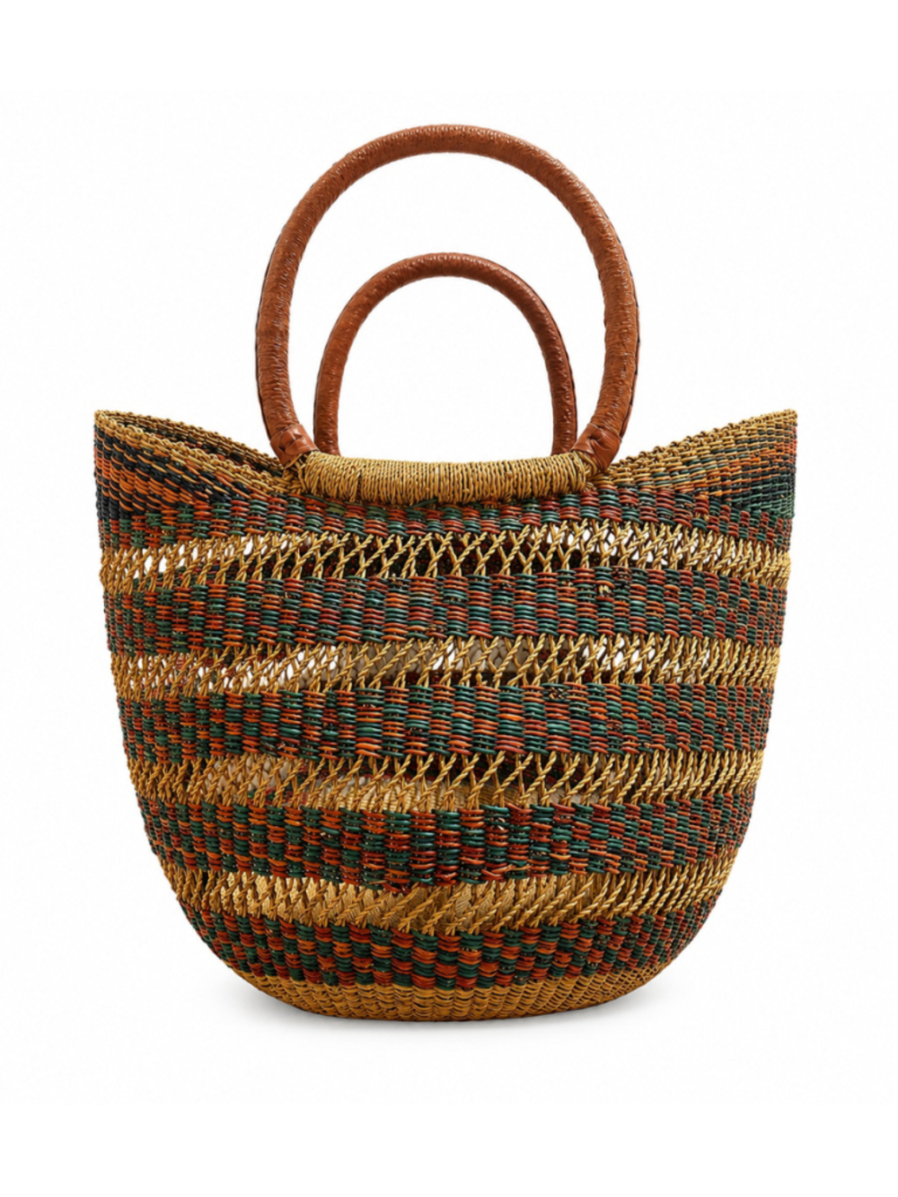 Authentic Ghana Bolga Tote Handwoven Basket with Leather Handle